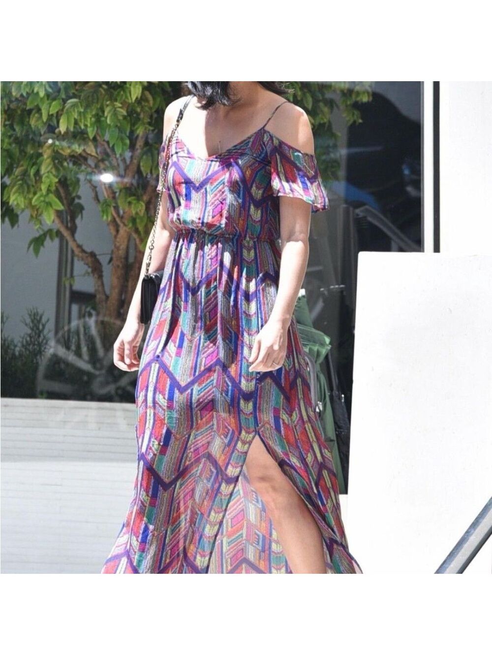 Ella Moss 100% Silk Sheer Maxi Dress Medium | Multicolor Geometric Off-Shoulder